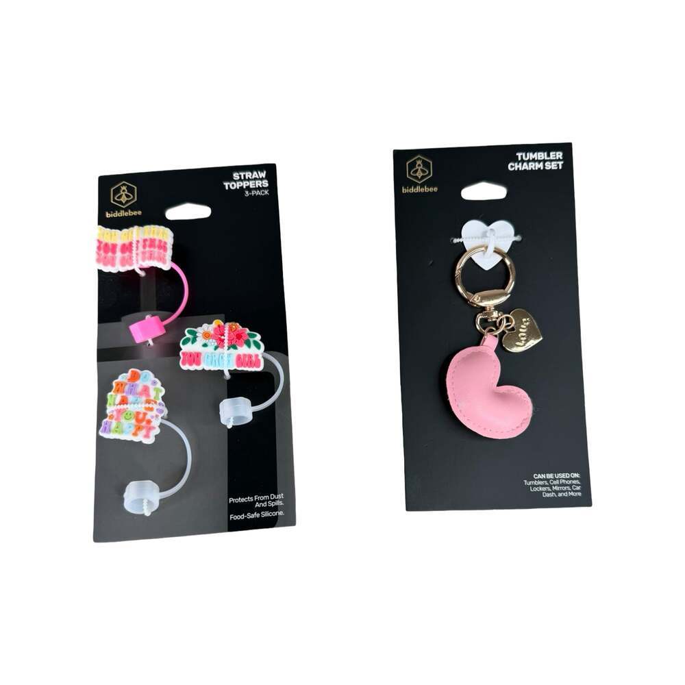 Biddlebee Straw Toppers 3-Pack and Tumbler Charm Set NEW